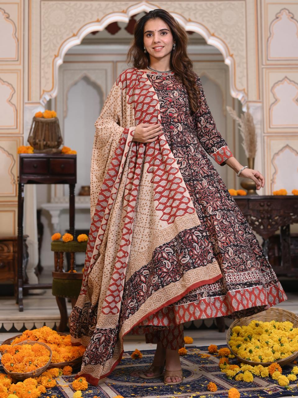 Bagru Handblock Printed Anarkali Set Kurti Pant Dupatta Suits