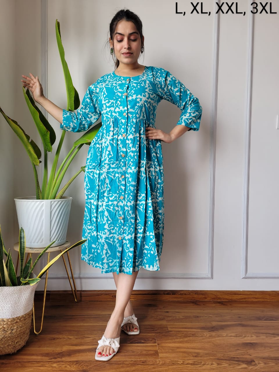 Handblock Print Cotton Kurti One Piece Dress With Sleeves