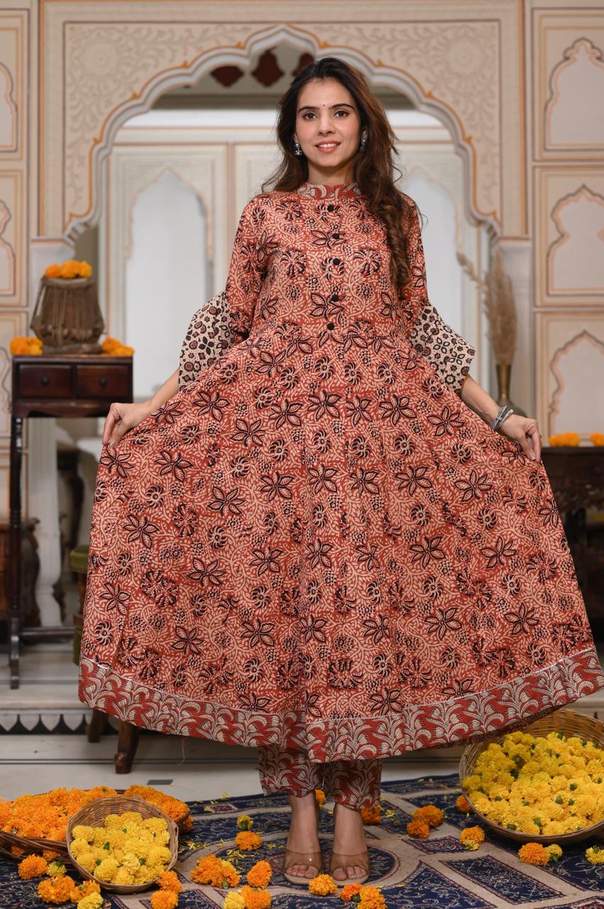 Bagru Handblock Printed Anarkali Set Kurti Pant Dupatta Suits