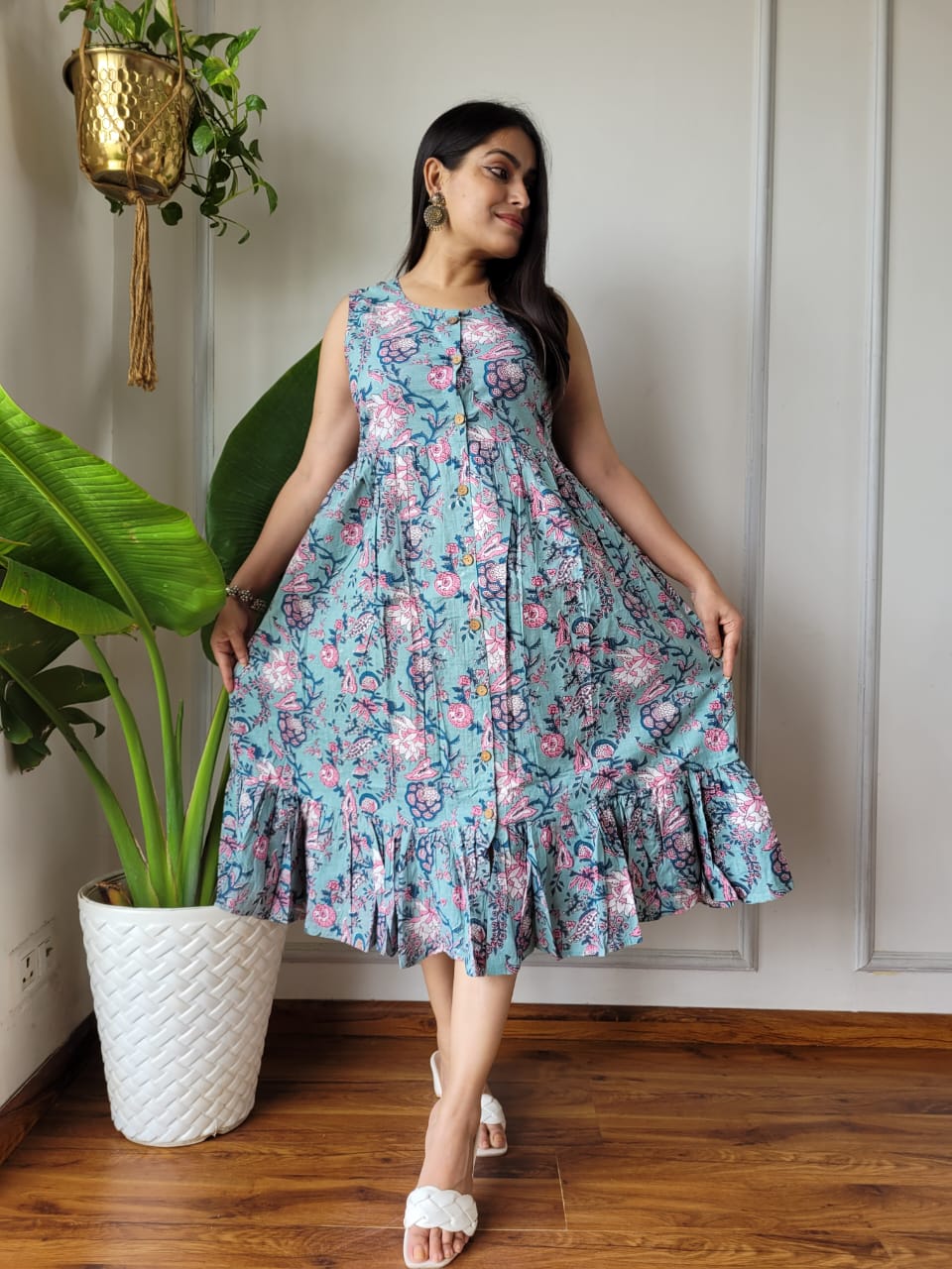 Premium Handblock Print Original Cotton Kurtis Sleeveless One Piece Dress