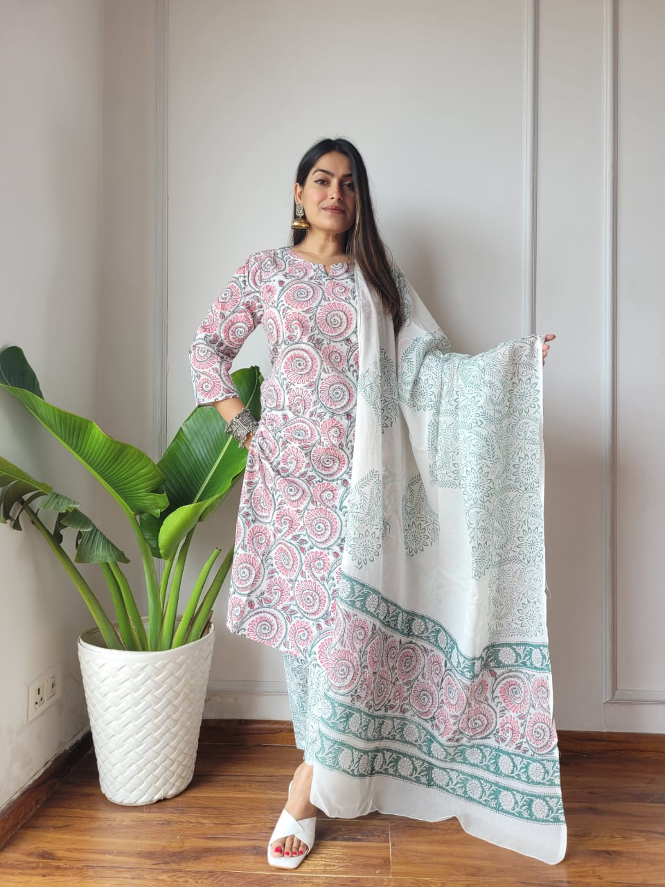 Premium Quality Handblock Print Cotton Suits Kurti Pant Dupatta Set