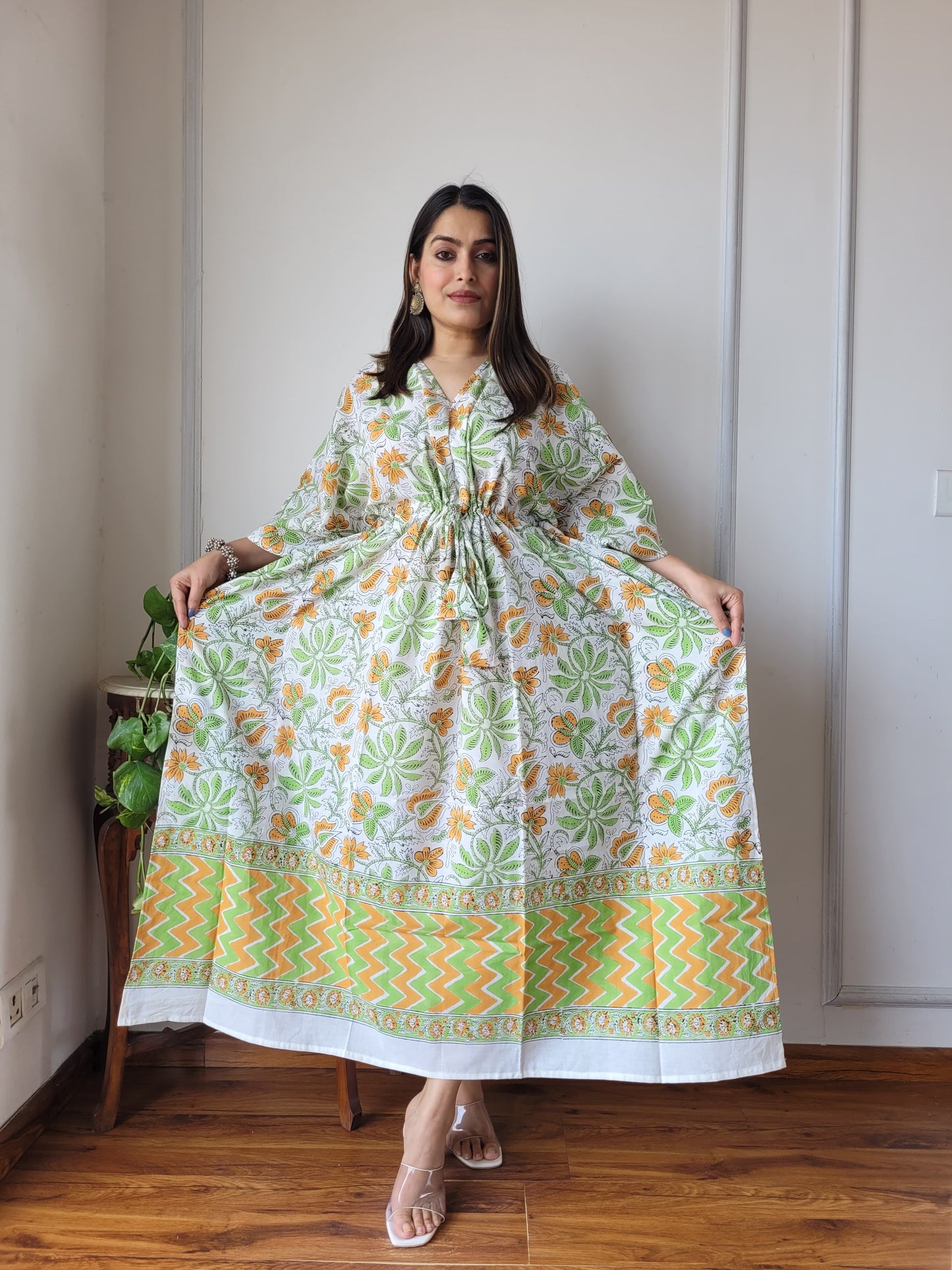 Pure Cotton Handblock Print Kaftan Maxi Night Wear Lounge Wear Night Gown Dress