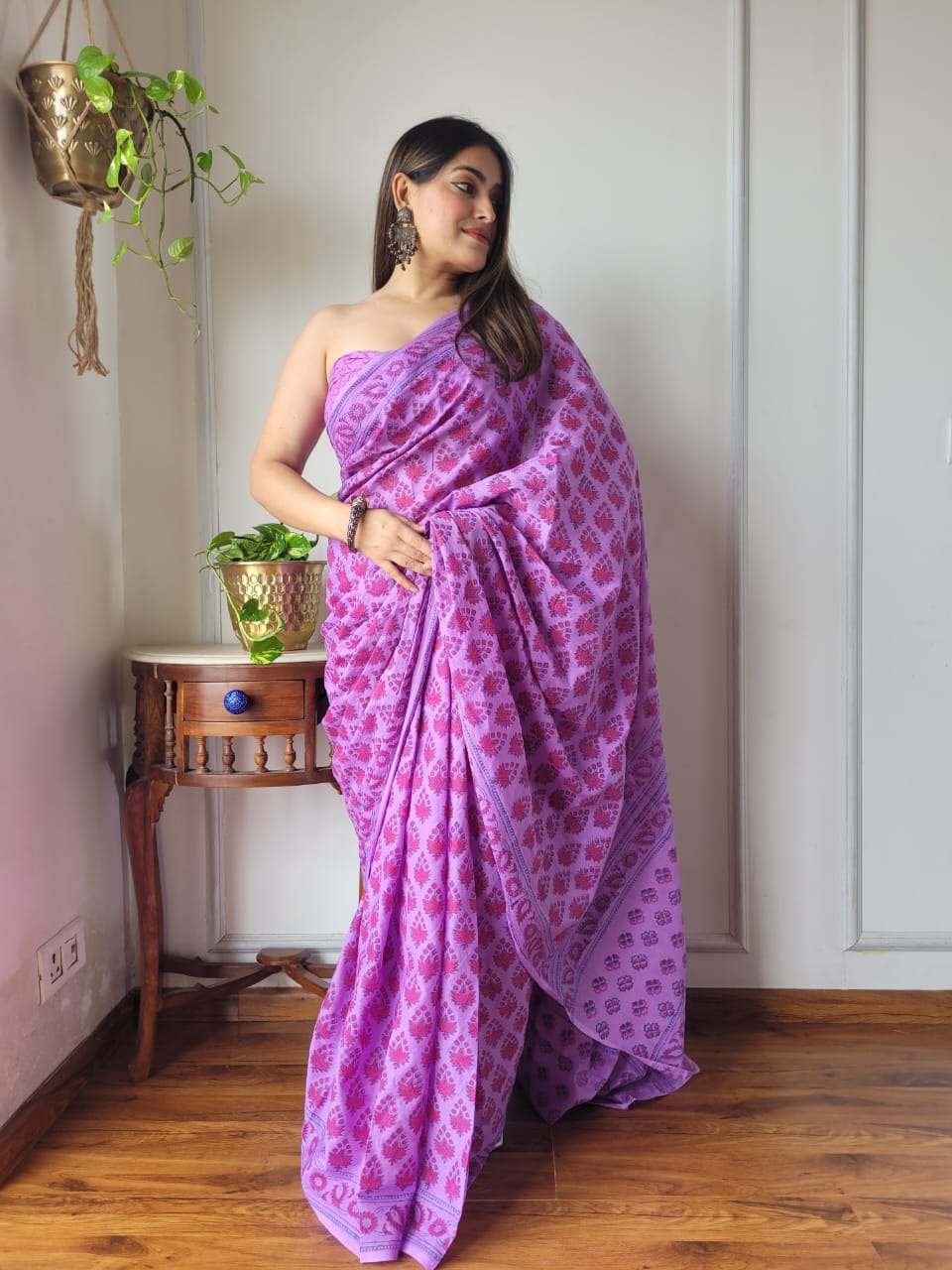 Handblock Printed Cotton Saree With Blouse Piece